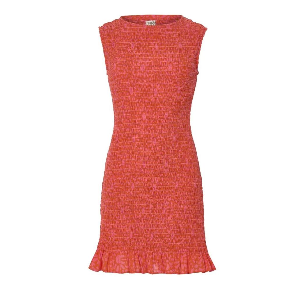 Par y Escala Frida Orange Pink Floral Smocked Honeycomb Mini Dress Large